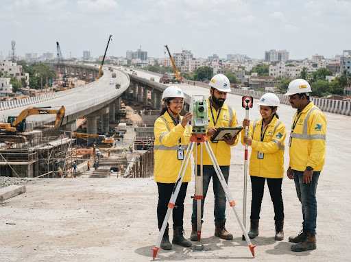 Group of South Indian construction engineers in safety helmets and yellow jackets with surveying Total Station on expressway site