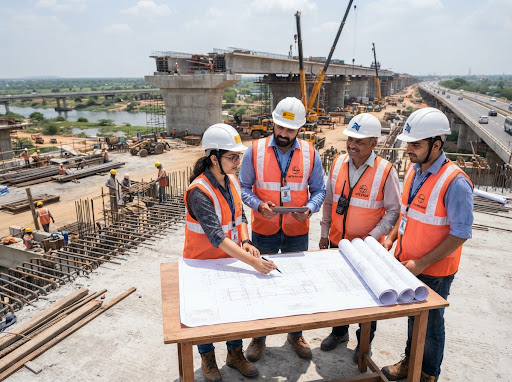 Indian civil engineers and supervisor wearing hard hats and reflective safety vests discussing blueprints on bridge construction site