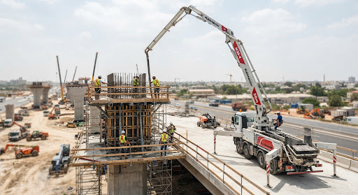 Truck-mounted concrete boom pump pouring bridge pier forms