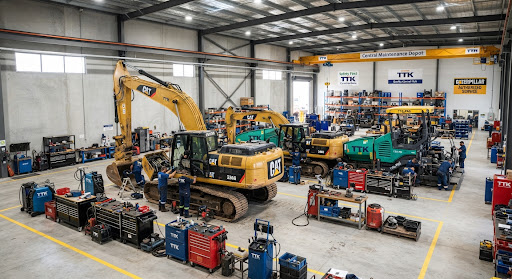 Central maintenance depot with excavators and pavers under scheduled overhaul