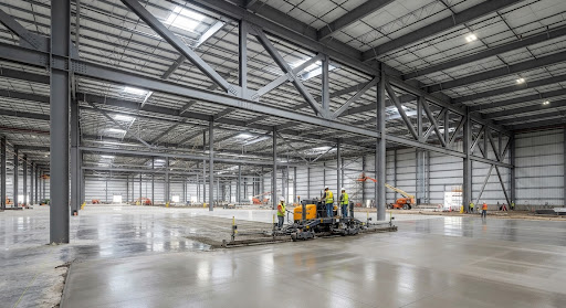 Pre-engineered steel building interior with a laser-screeded concrete floor