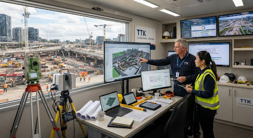 Civil engineering control office with BIM screens and survey instruments
