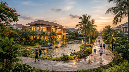 Clubhouse, landscaped park, water feature at sunset