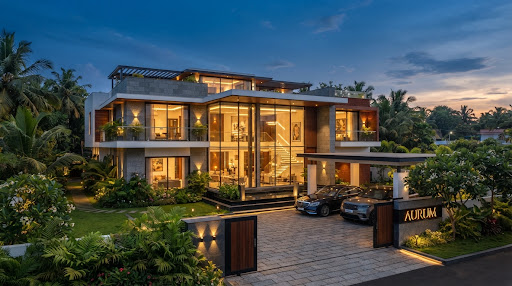 Prestigious contemporary residential estate dusk lighting