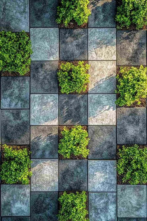 Pavers and planting — Stone-finish pavers with planting between them.